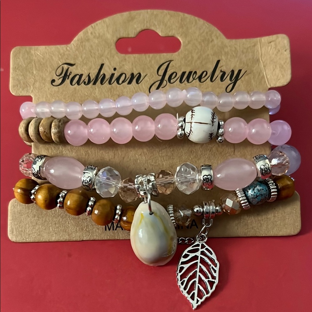 Fashion Jewelry Pink and Brown Beaded Bracelet Set. - Picture 1 of 1